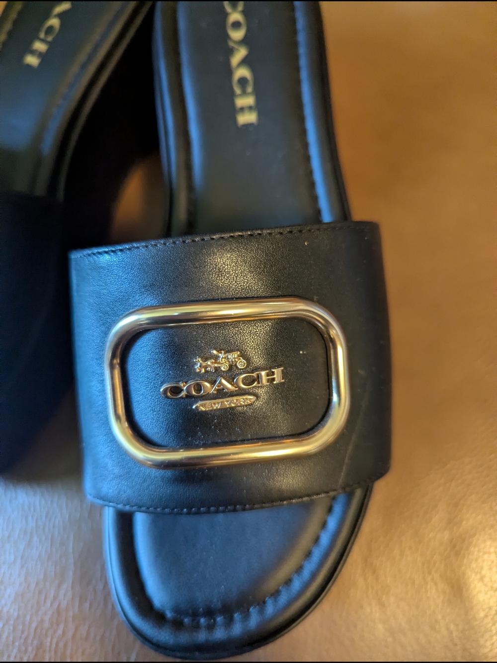 COACH Black Leather Slide Sandals with Gold Logo - Picture 2 of 8